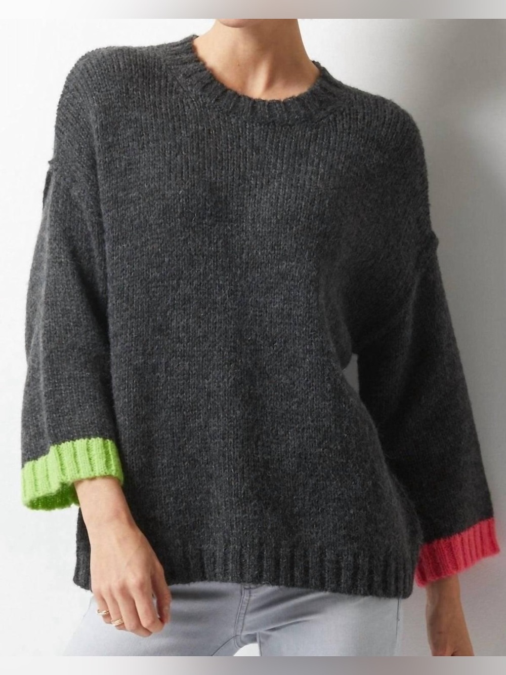 Zaket & plover crew neck stripe sleeve knit mohair wool sweater